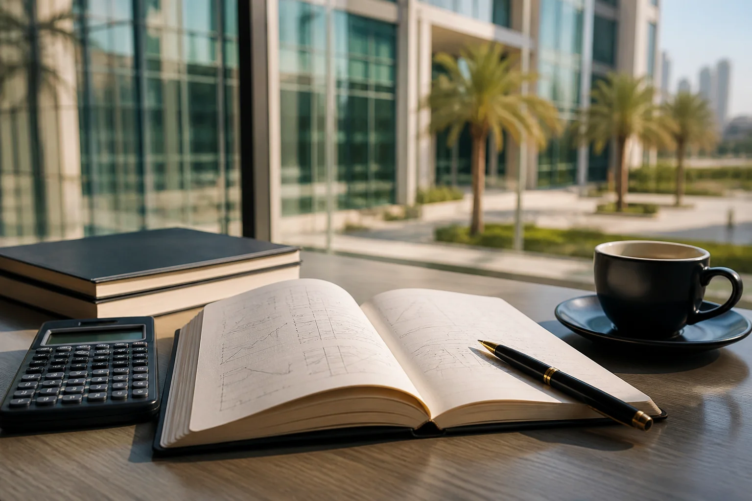 Books, calculator and student notes on a study desk