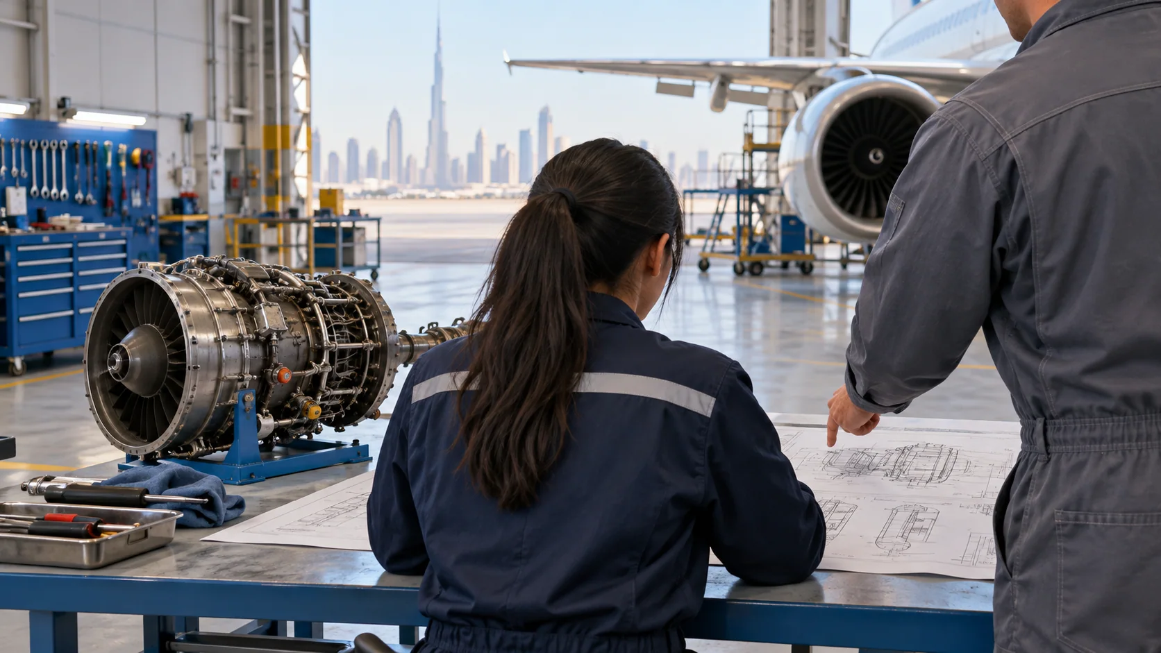 Illustration of aircraft maintenance training in a hangar