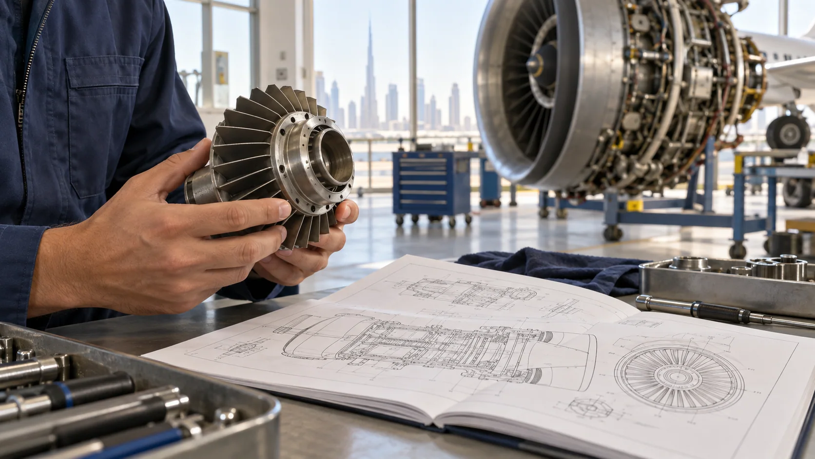 Illustration of students practising aircraft maintenance procedures