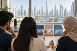 Illustration of students comparing college study routes in Dubai
