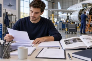 Illustration of an aircraft maintenance applicant in a training hangar
