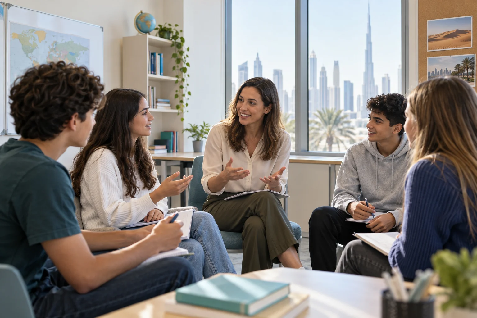 Teenagers practising English with a teacher
