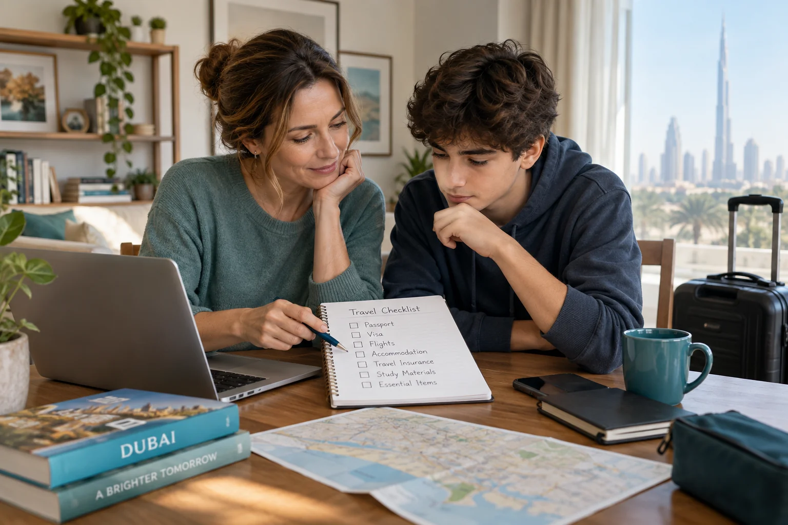 A parent and teenager planning a trip
