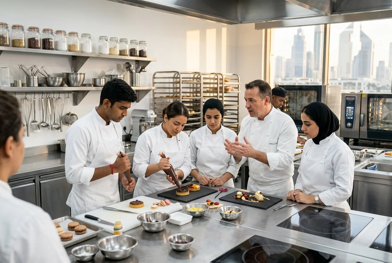 Hospitality students practising culinary arts in a training kitchen