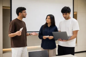 Postgraduate students analyzing business analytics models and dashboards