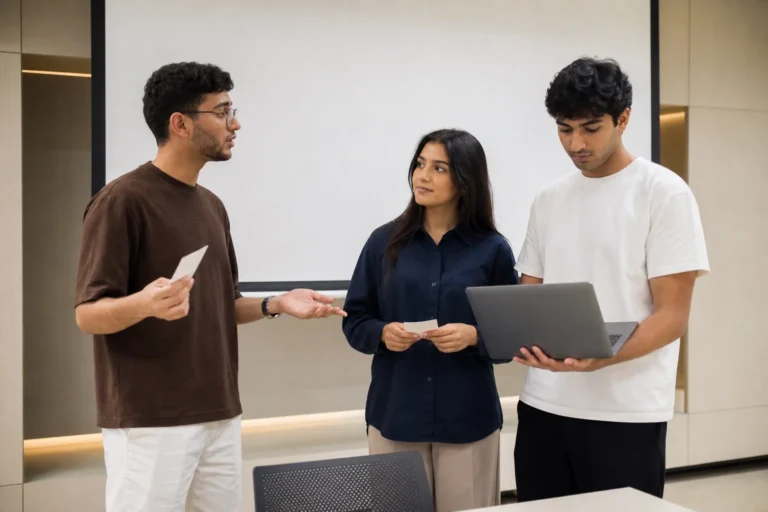 Postgraduate students analyzing business analytics models and dashboards