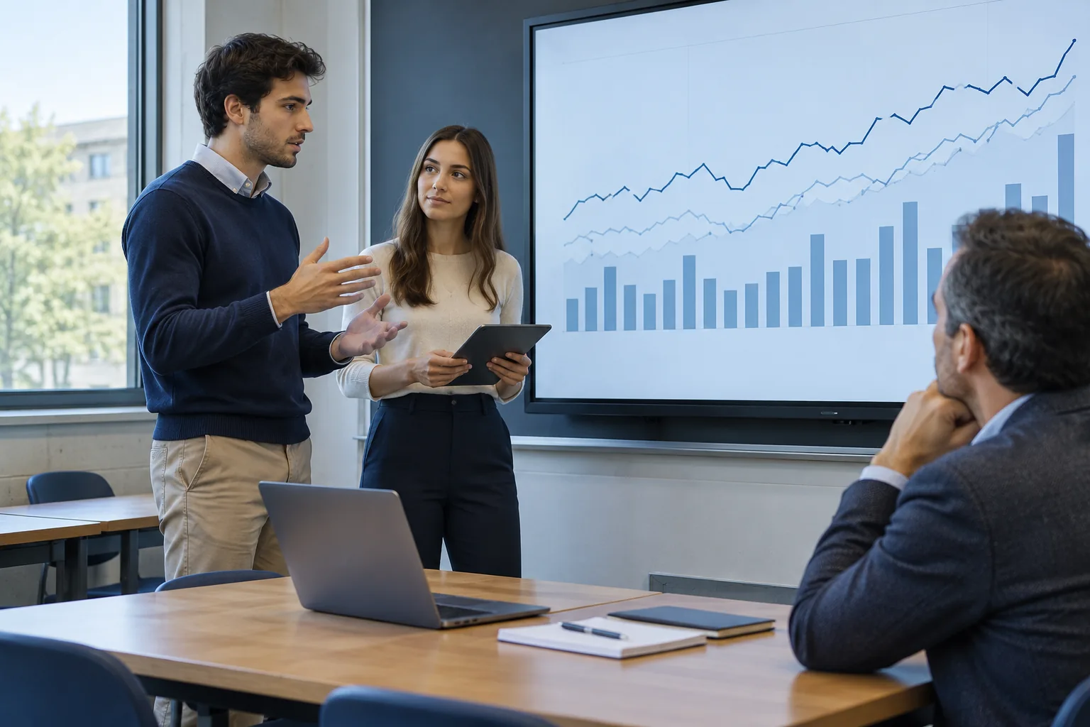 Students discussing a financial scenario with a tutor