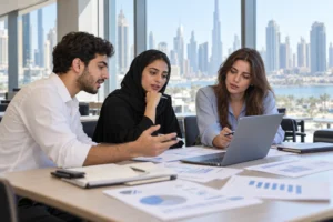 Postgraduate students discussing a financial case