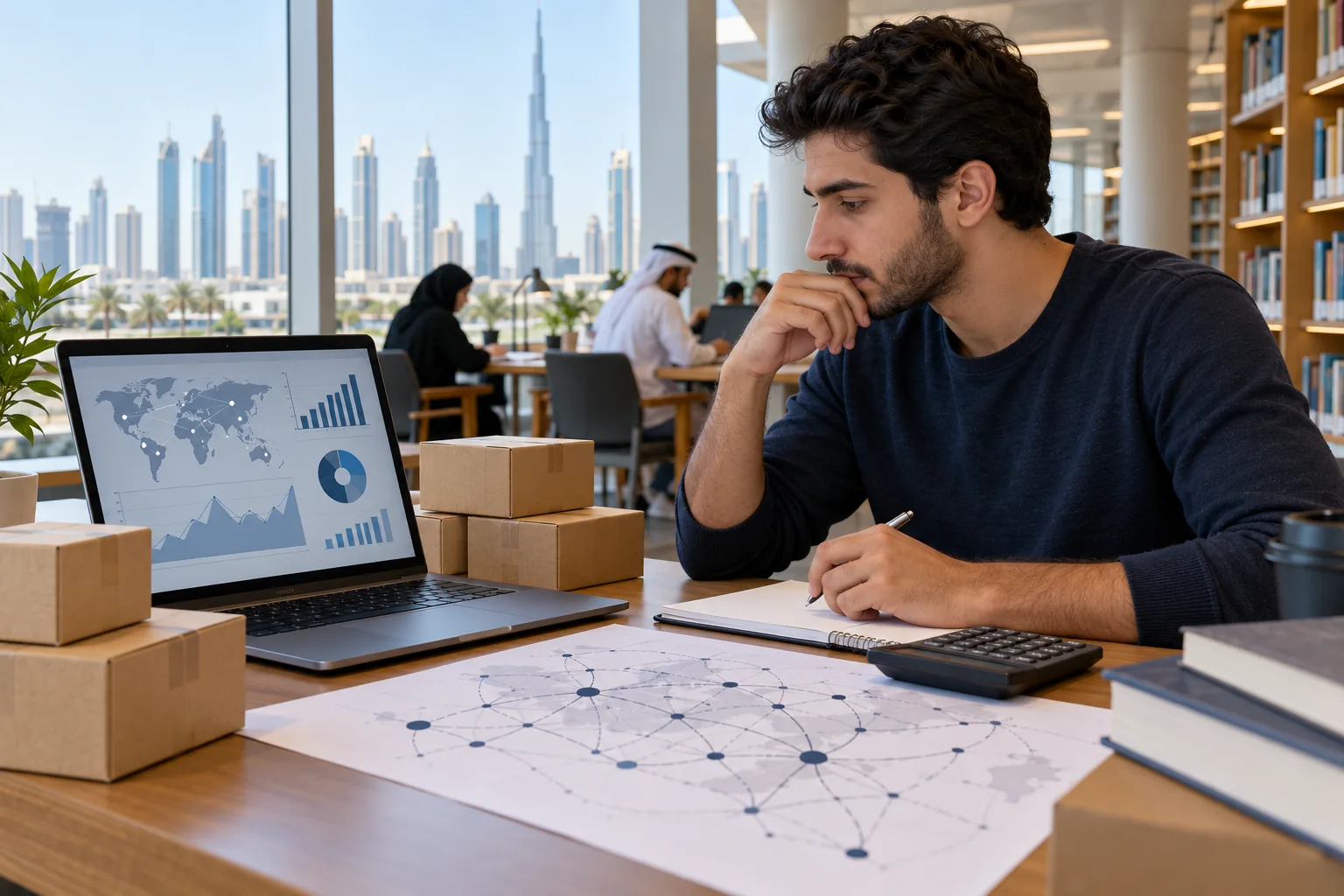 Student examining inventory charts and a supply network sketch