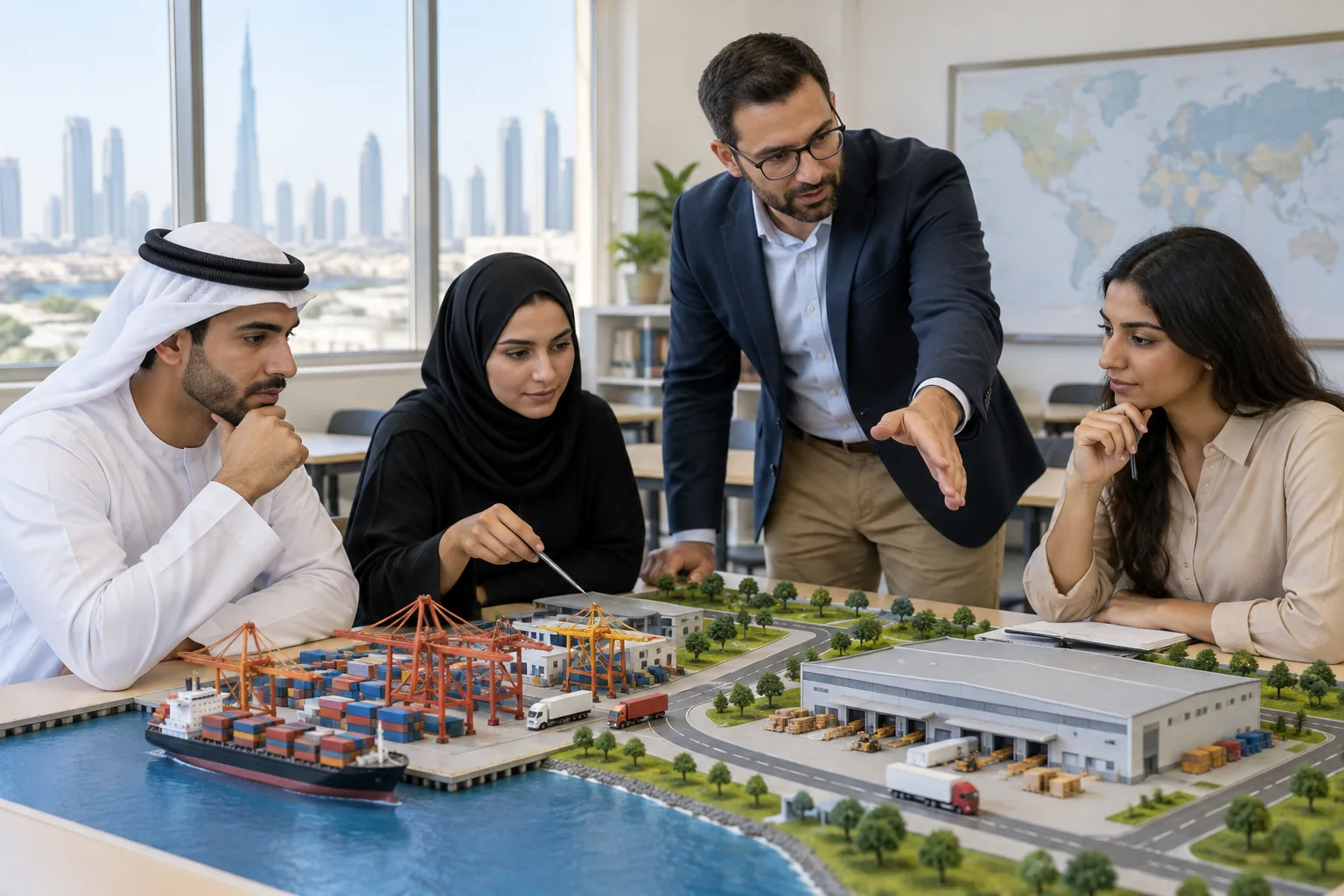 Tutor and students discussing a model of a logistics network