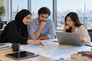 Students analysing a supply network in a Dubai study setting
