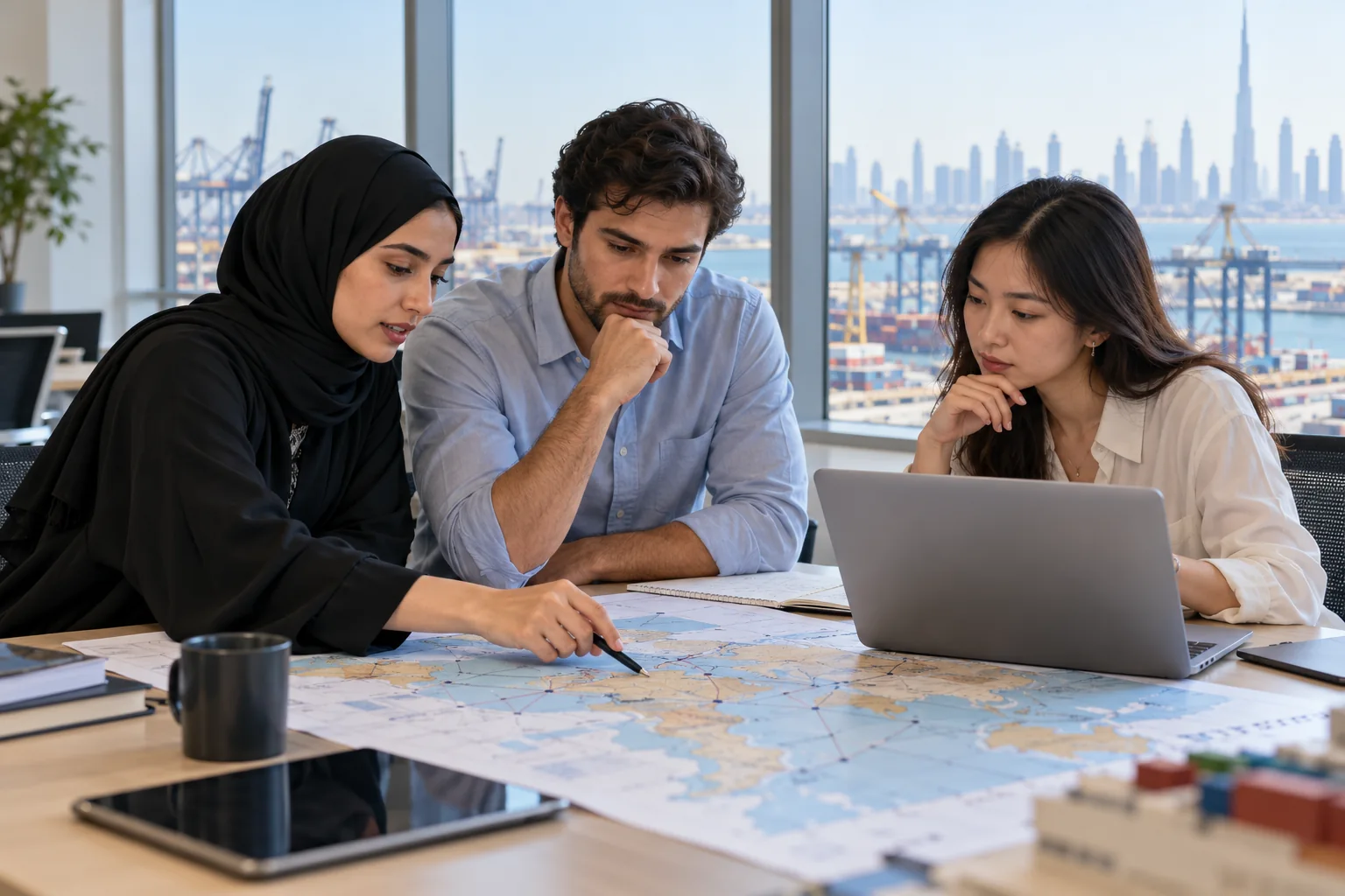 Students analysing a supply network in a Dubai study setting