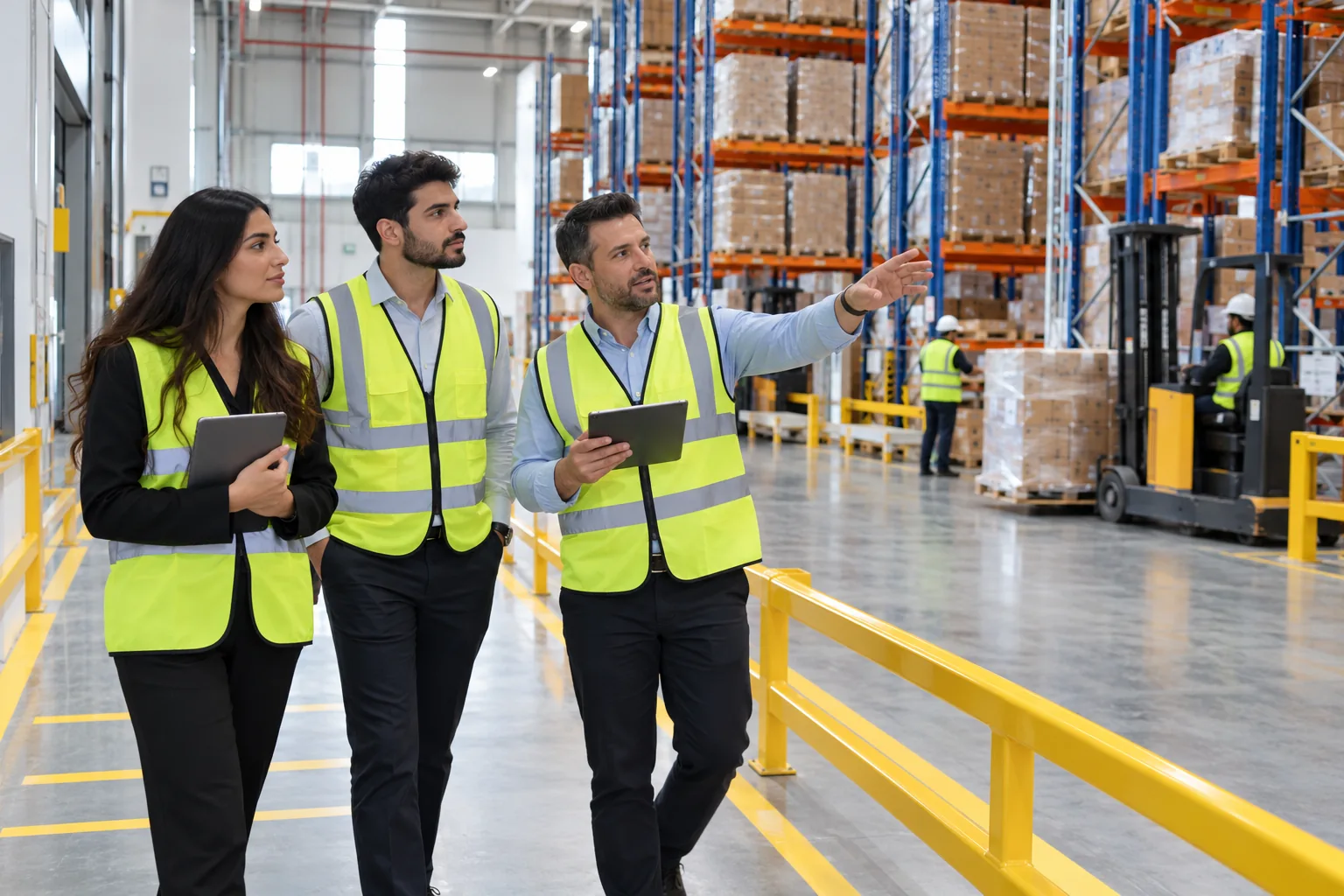Students observing warehouse operations from a visitor corridor