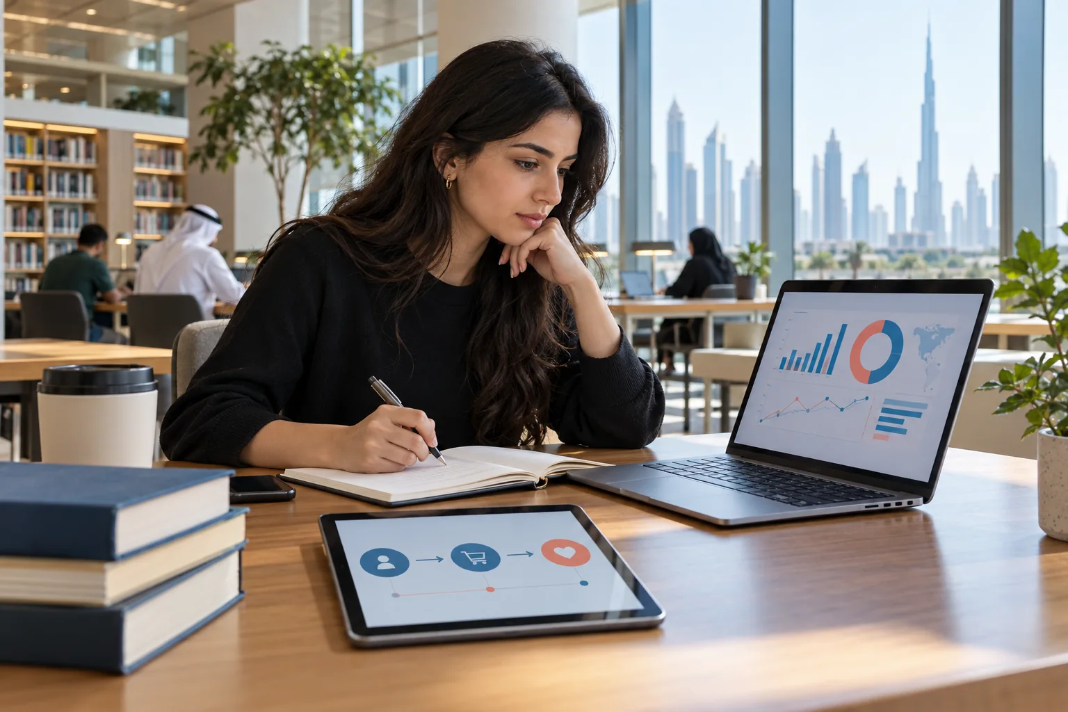 Student examining marketing analytics and a customer journey