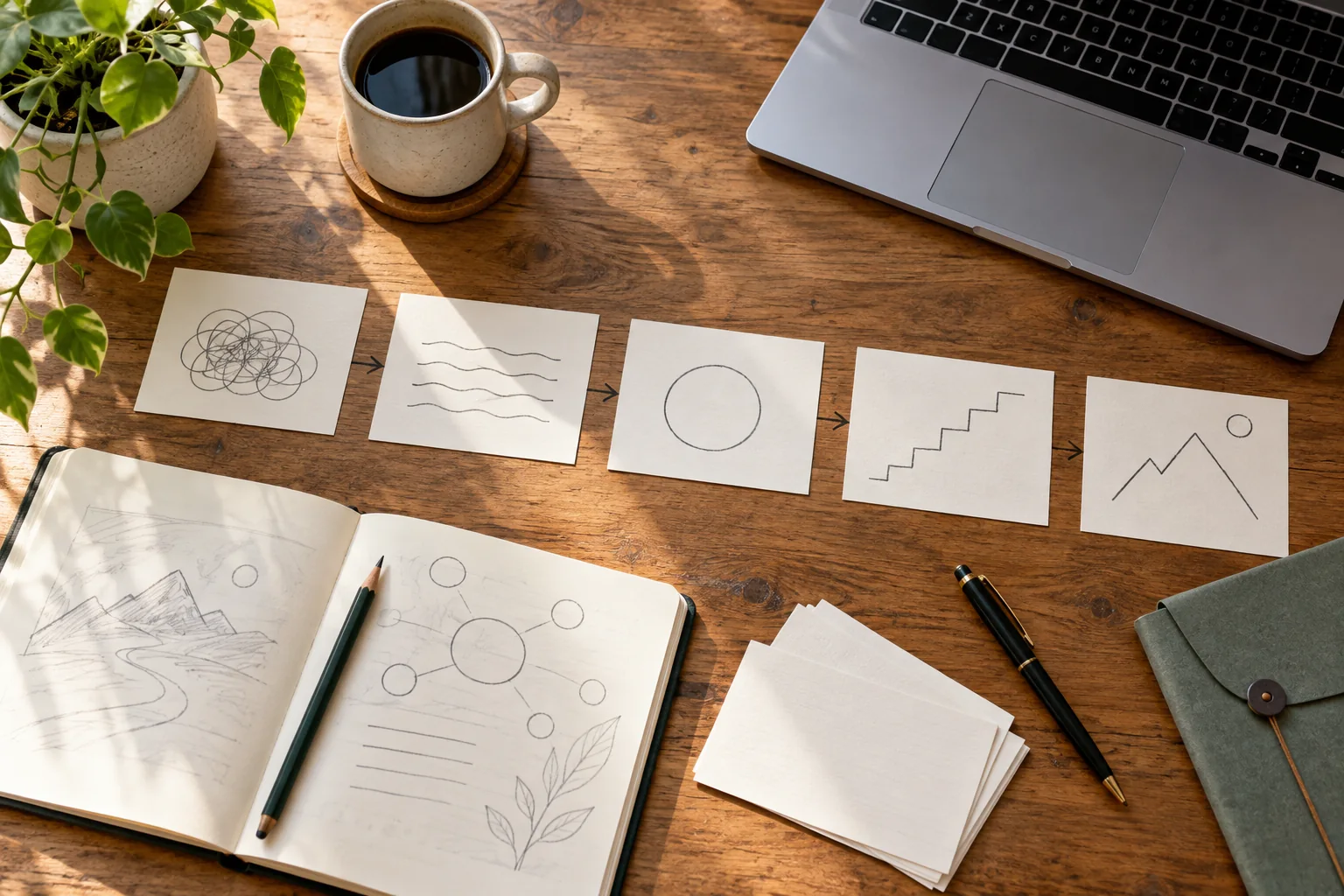 Index cards and a notebook used to plan an application statement