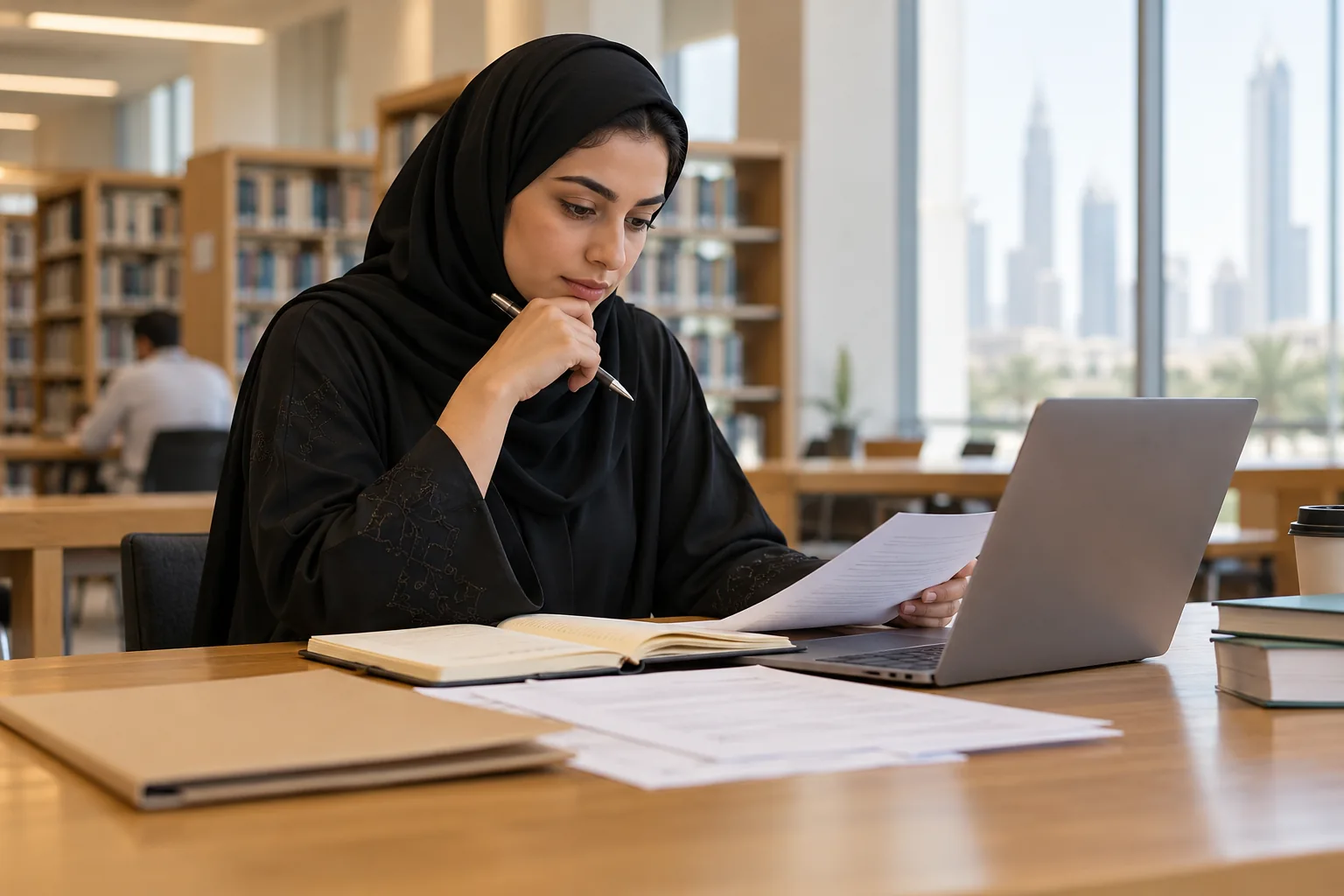 Applicant checking a draft against notes before submission