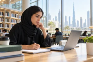 Applicant drafting a university personal statement in a library
