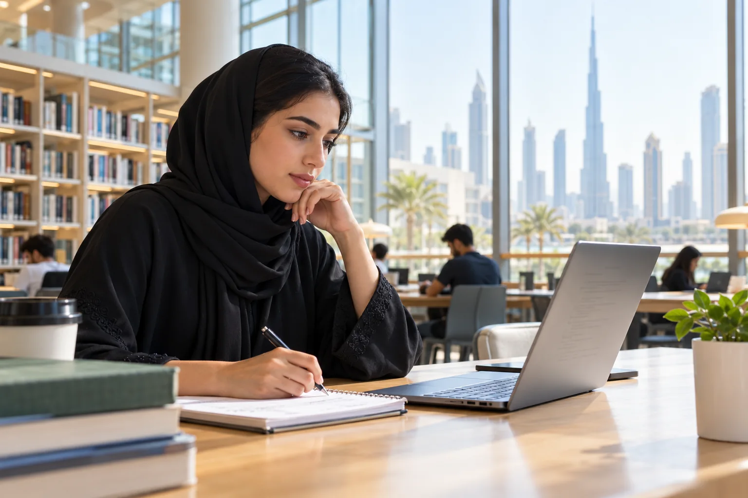 Applicant drafting a university personal statement in a library