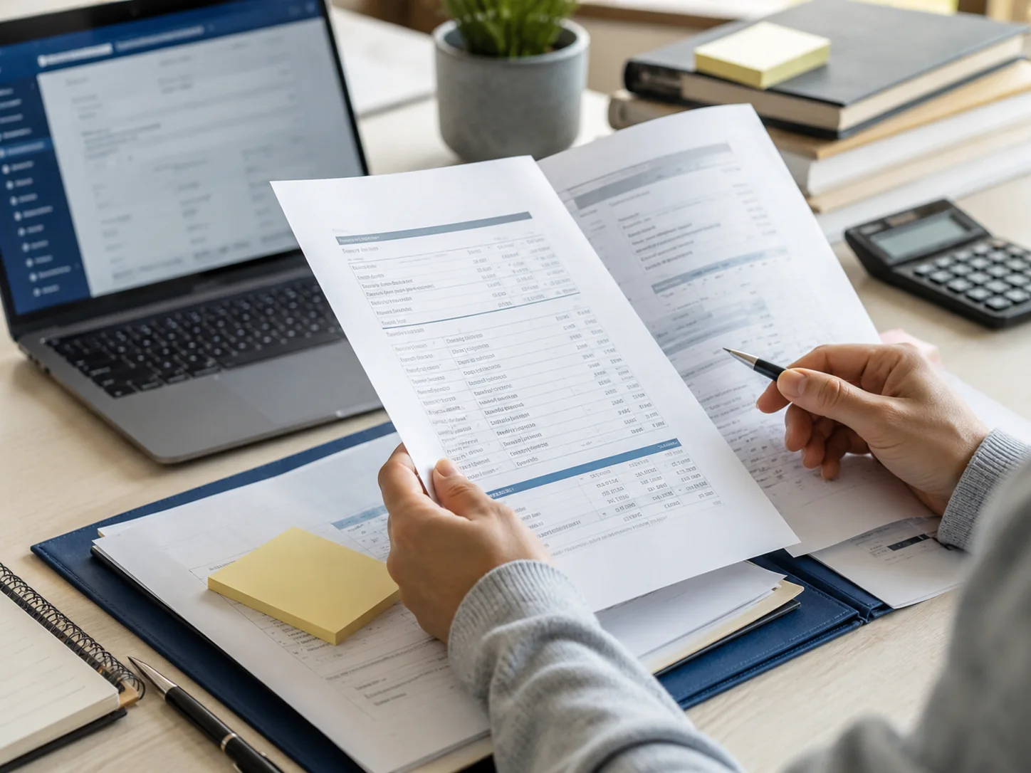 Close-up of study documents, books and laptop used to plan costs for studying in the UAE