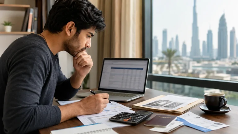 Student calculates additional study costs in the UAE using a laptop and calculator