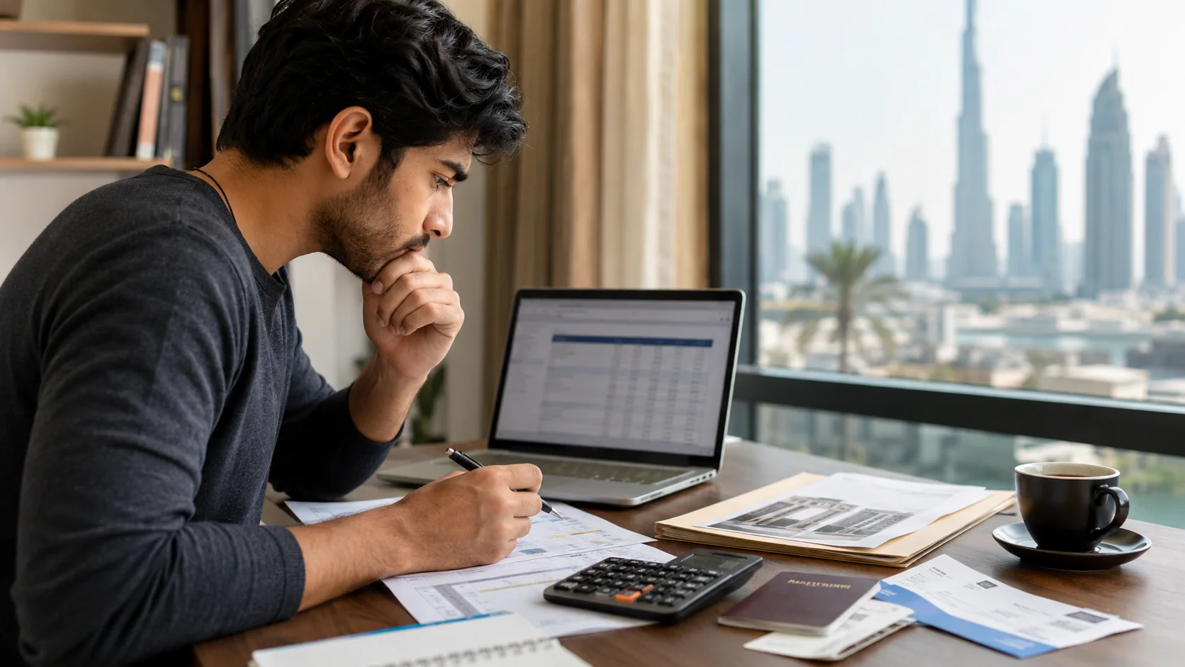 Student calculates additional study costs in the UAE using a laptop and calculator