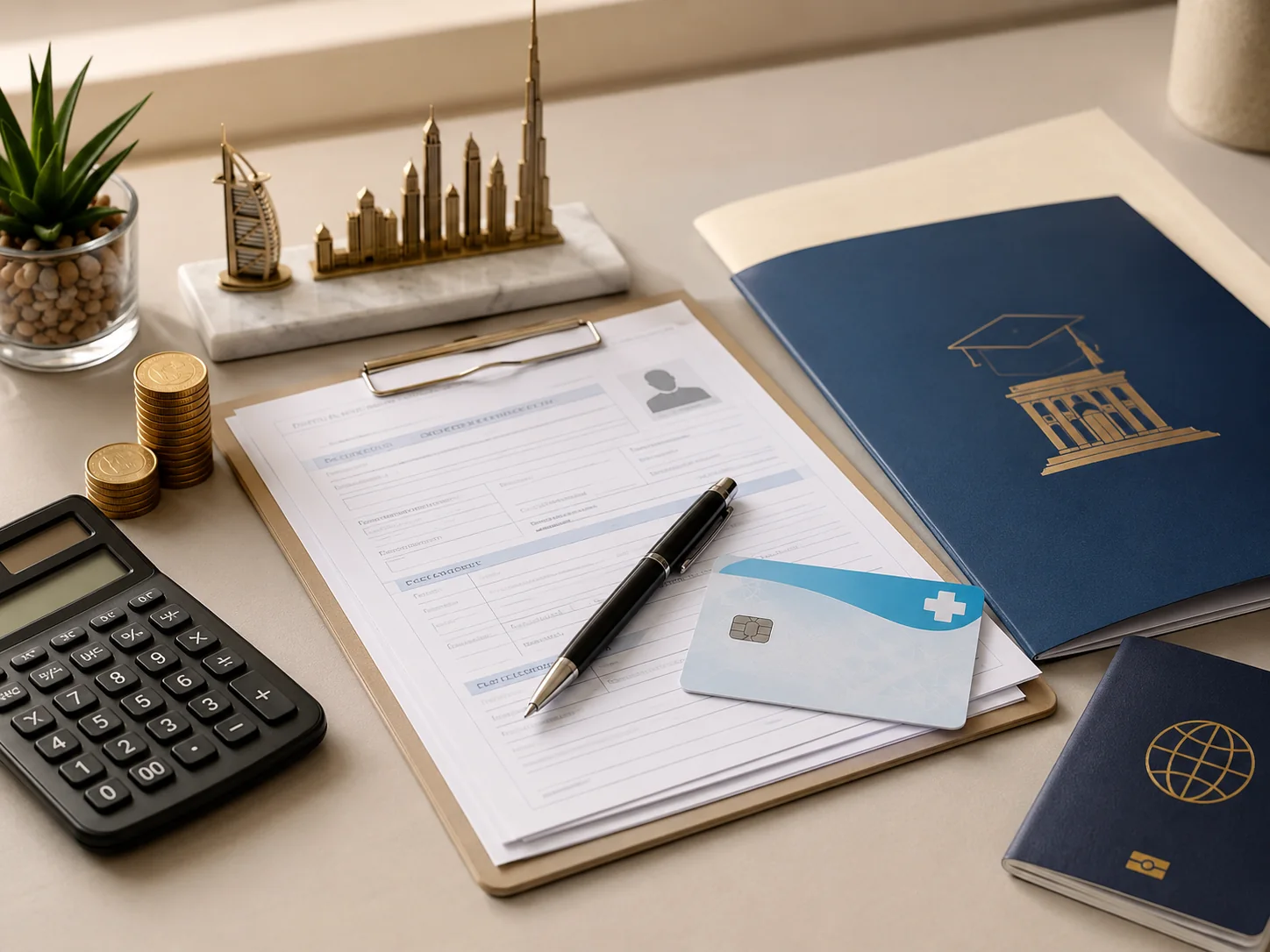 Passport, calculator and application documents for planning student expenses in the UAE