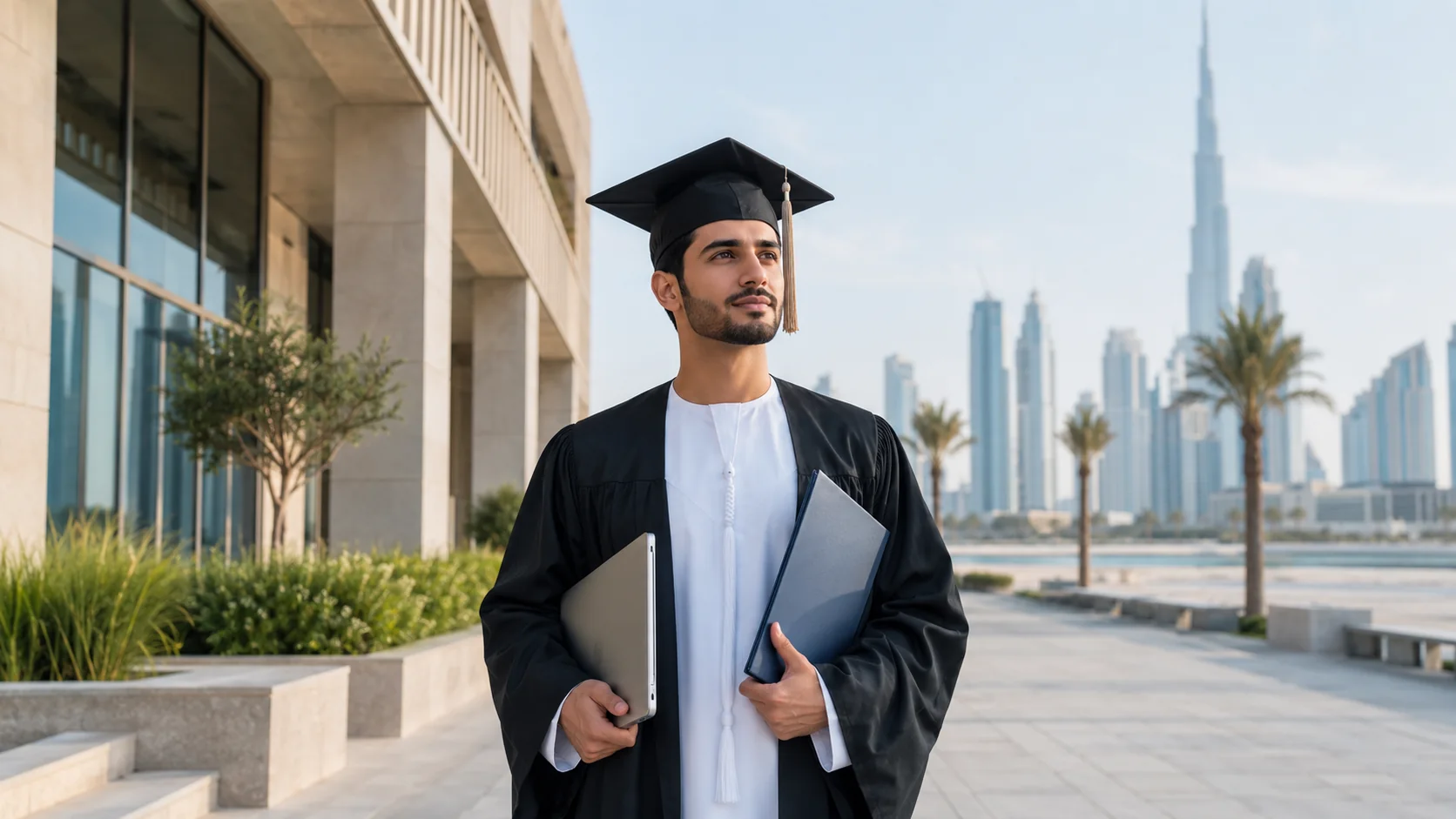 Graduate in cap and gown looks toward Dubai skyline after studying in the UAE