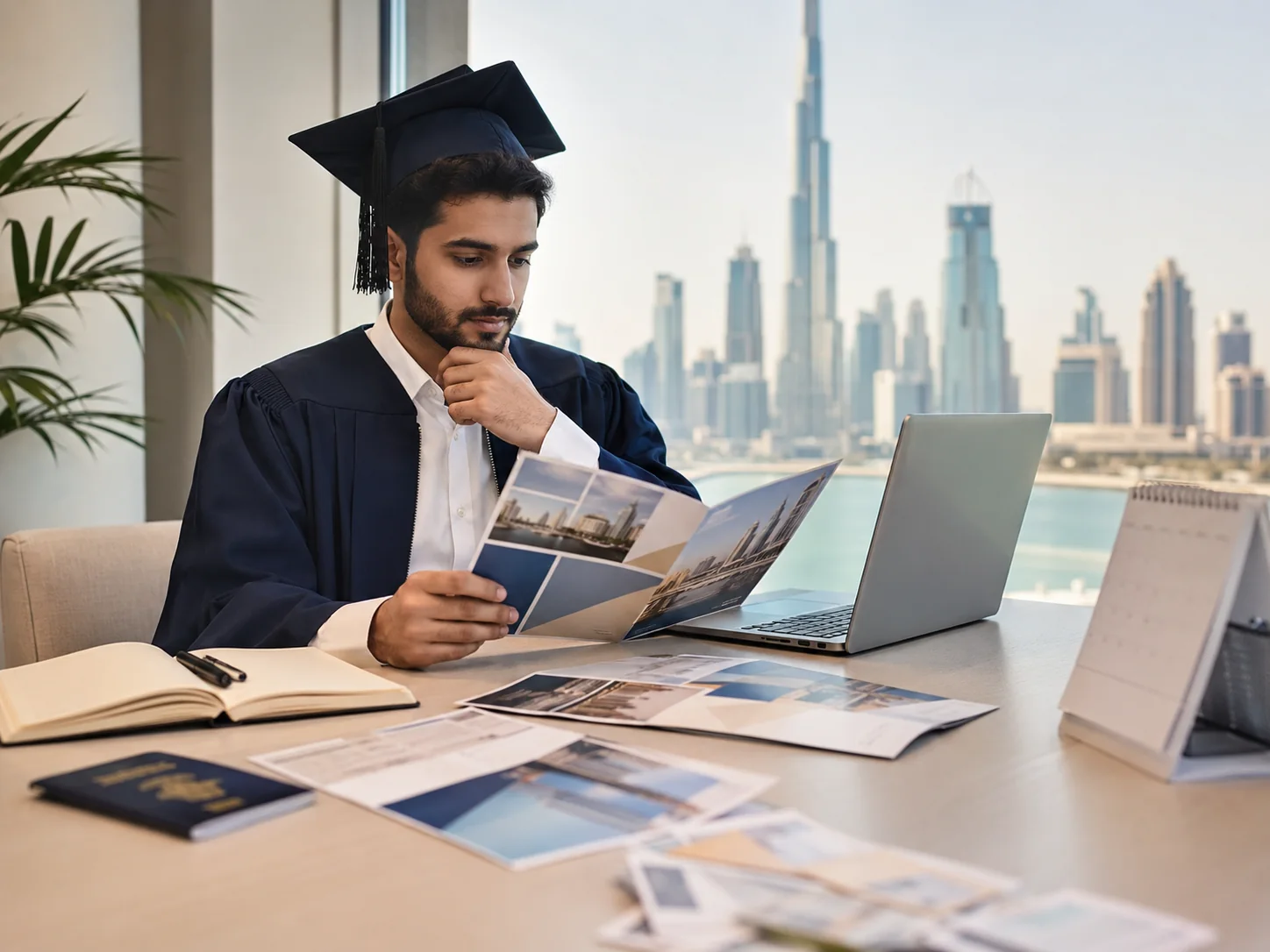 Graduate reviews documents while planning work or further study after university in the UAE