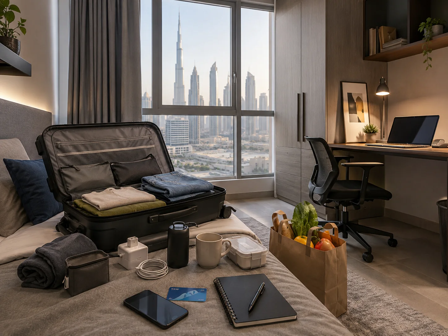 Student room with suitcase, books and documents for planning life after studying in the UAE