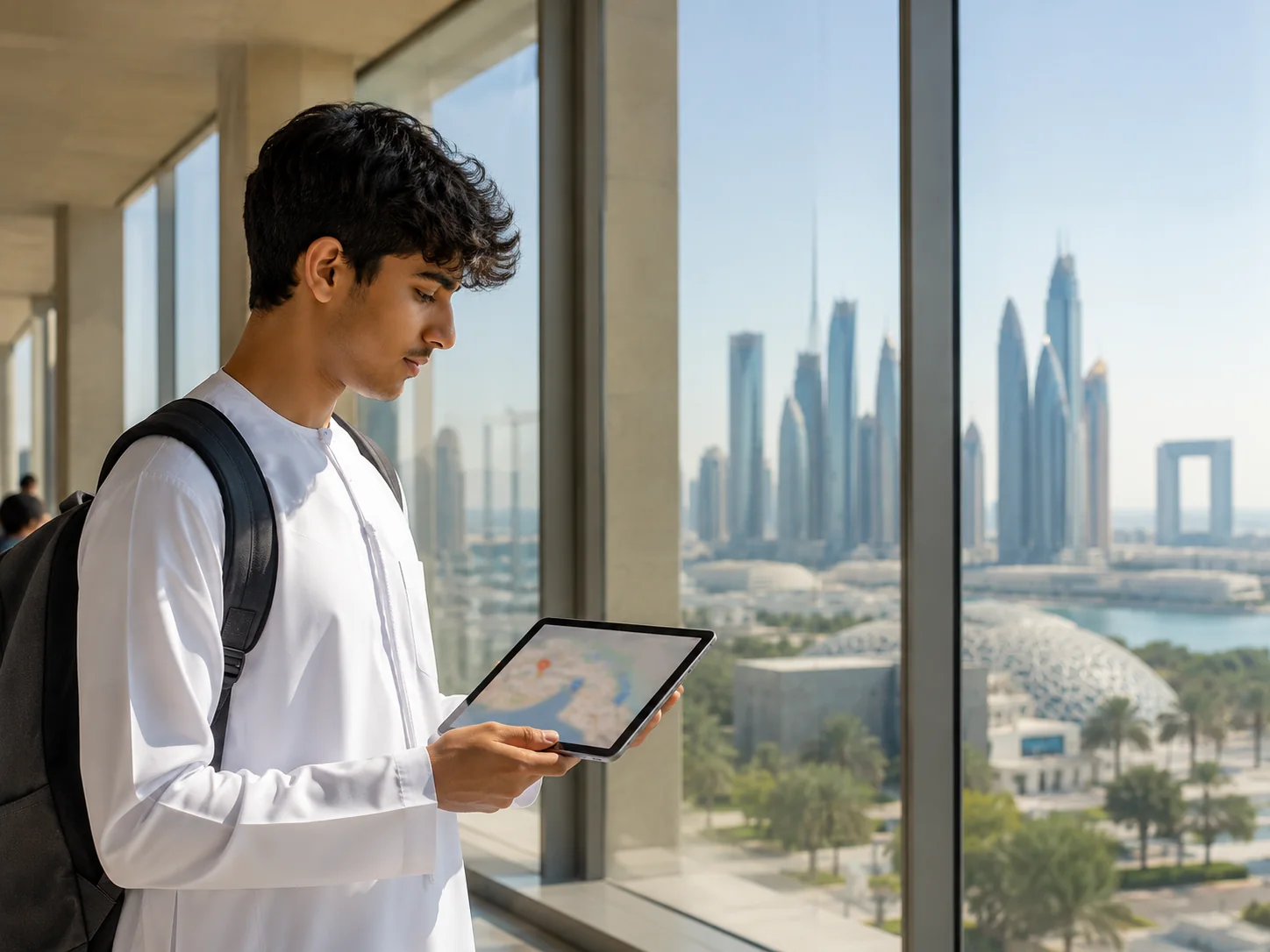 Student with tablet and backpack stands near a UAE campus while planning the next study step