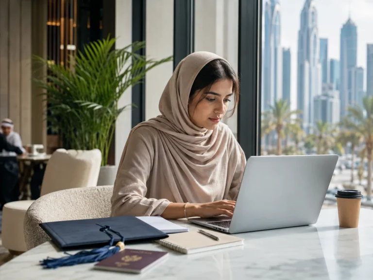 College graduate prepares a university application in Dubai