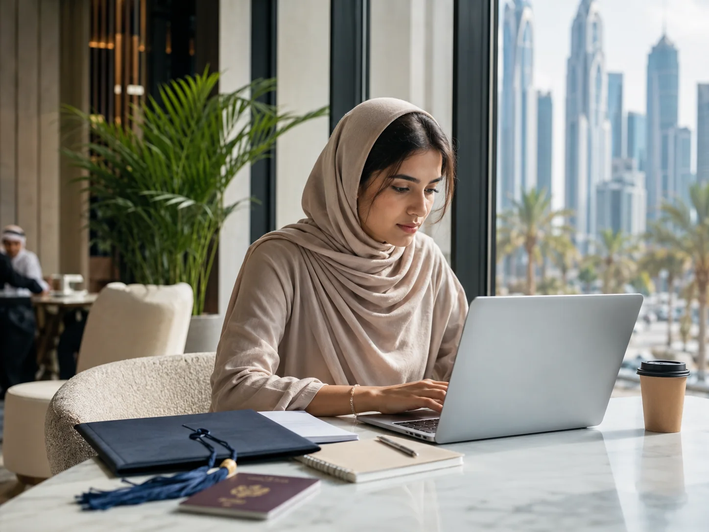 College graduate prepares a university application in Dubai