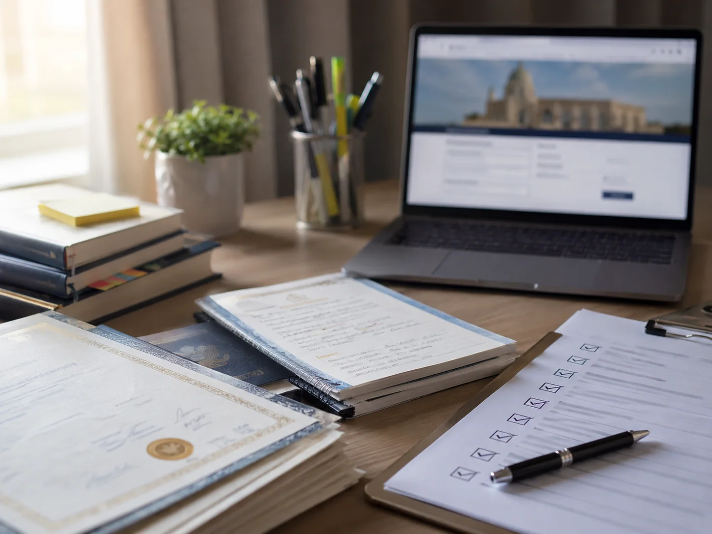 Admission checklist, calendar and laptop for applying to universities in the UAE