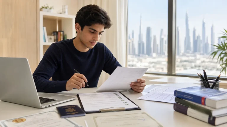 Applicant reviews documents while preparing to apply to a UAE university