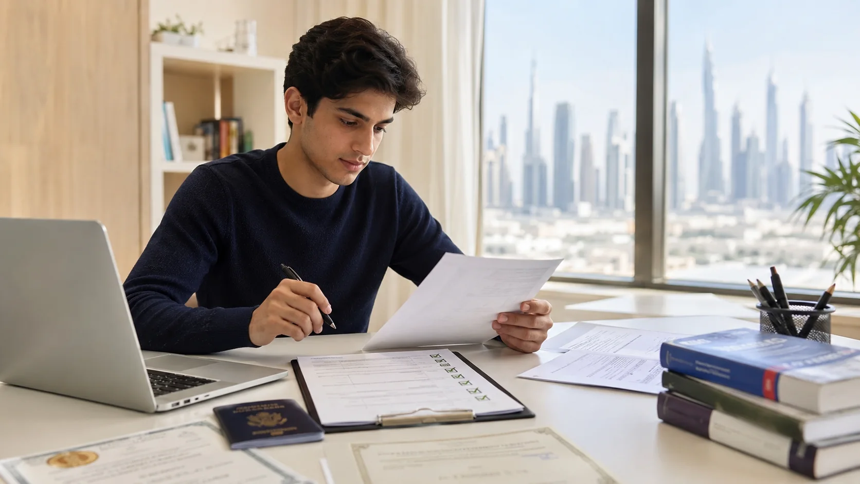 Applicant reviews documents while preparing to apply to a UAE university