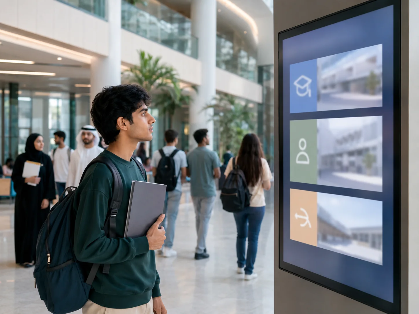 Applicant studies campus information inside a modern UAE university building