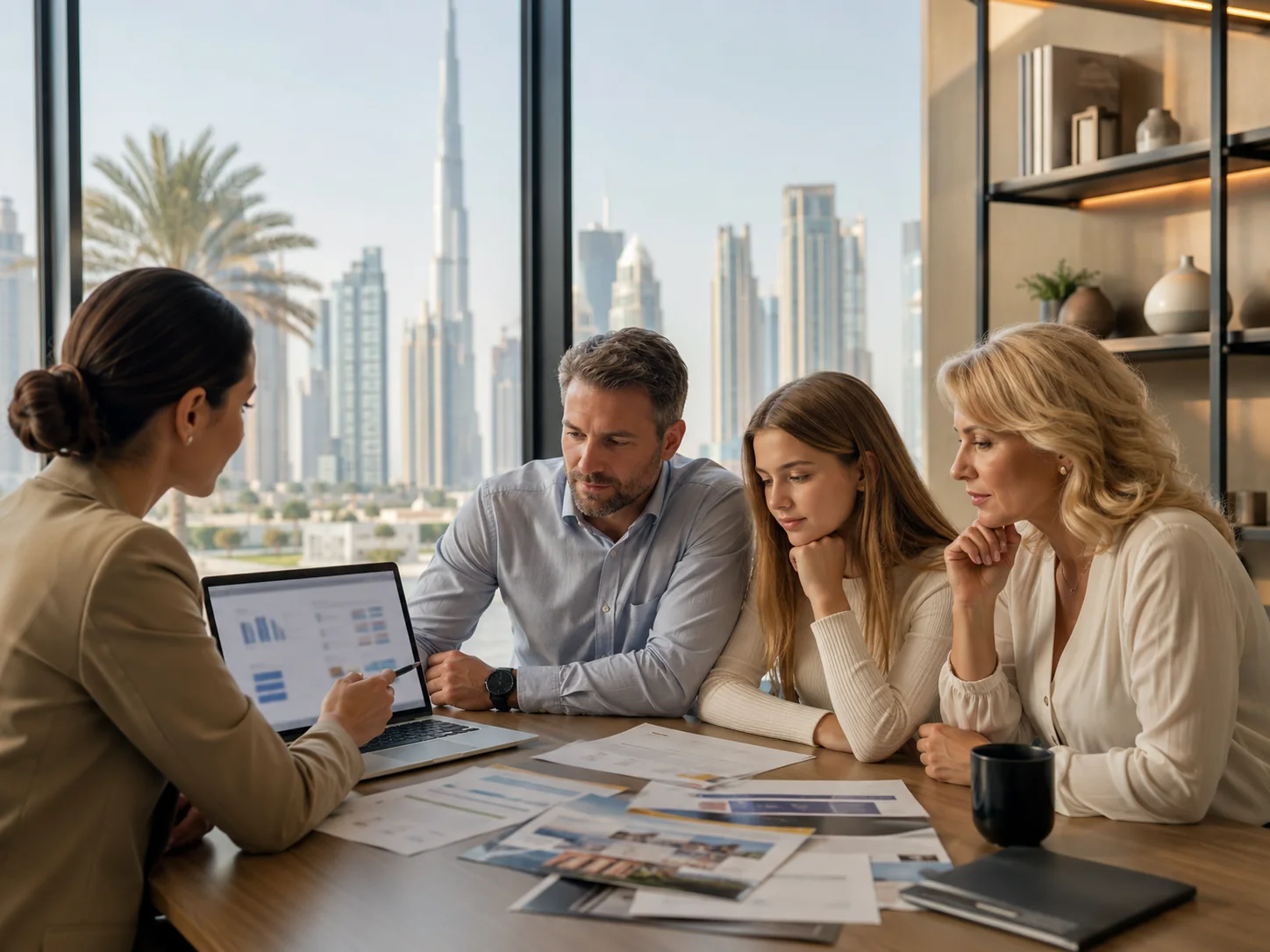 Family discusses admission documents and university choice with an education adviser