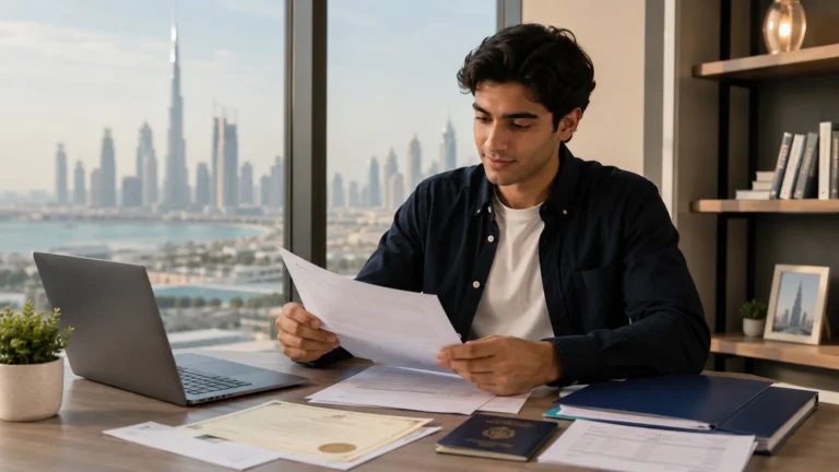 Student comparing UAE university options with Dubai skyline in the background