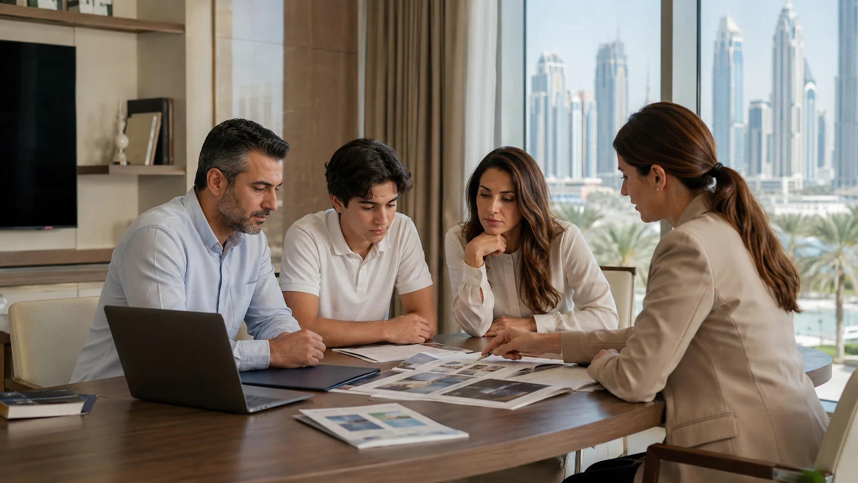 Family reviews university options and admission documents with an adviser