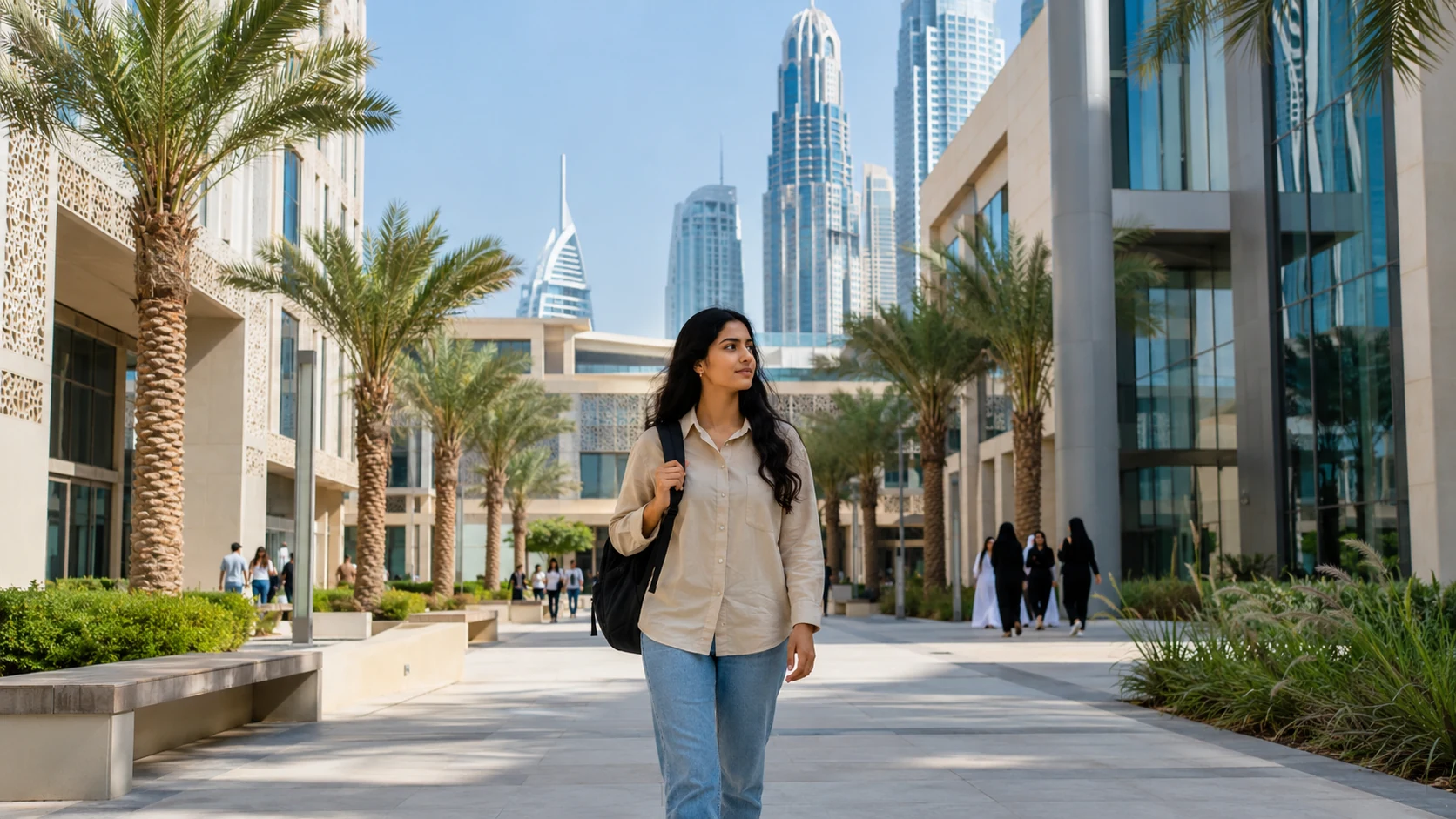 Student walking through a modern Dubai university campus