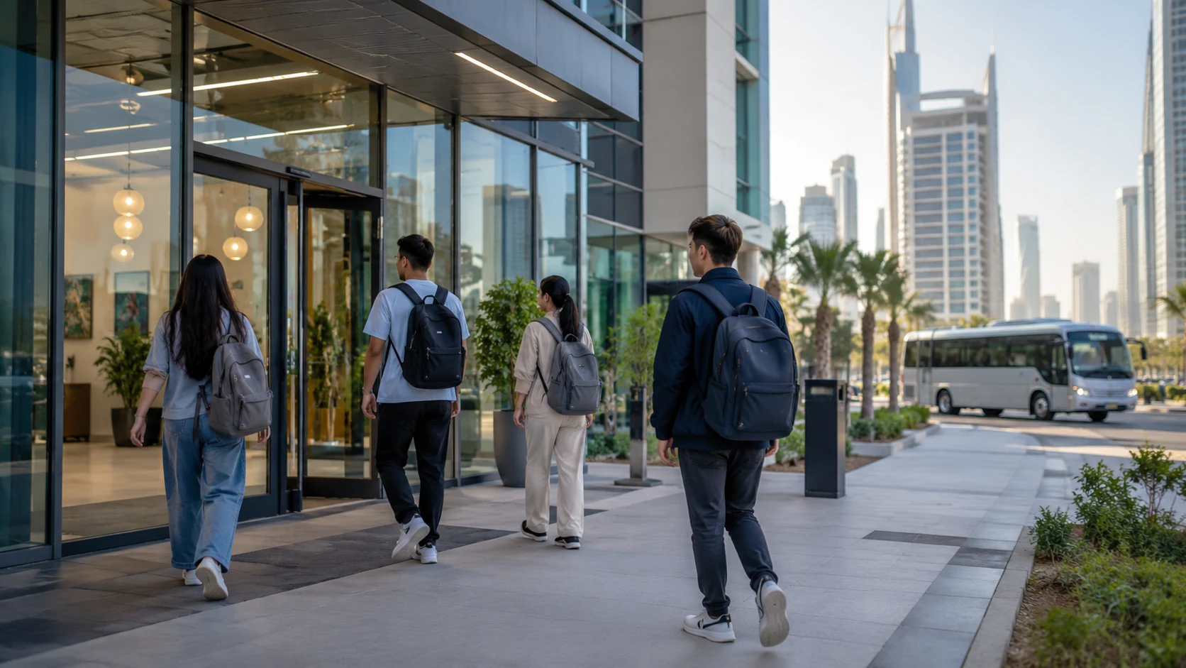 Students walking near university residence buildings in Dubai