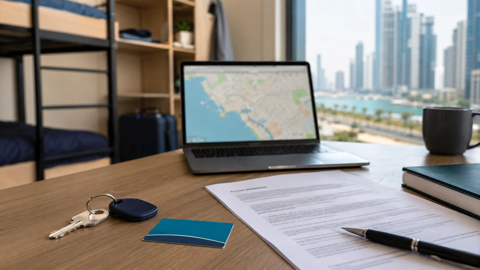 Laptop, map and housing notes for comparing Dubai student accommodation