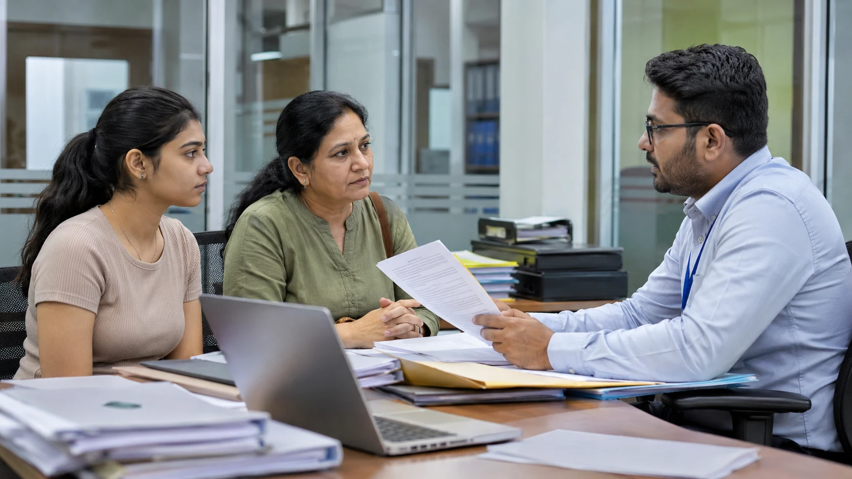 Student reviews school documents with an education adviser