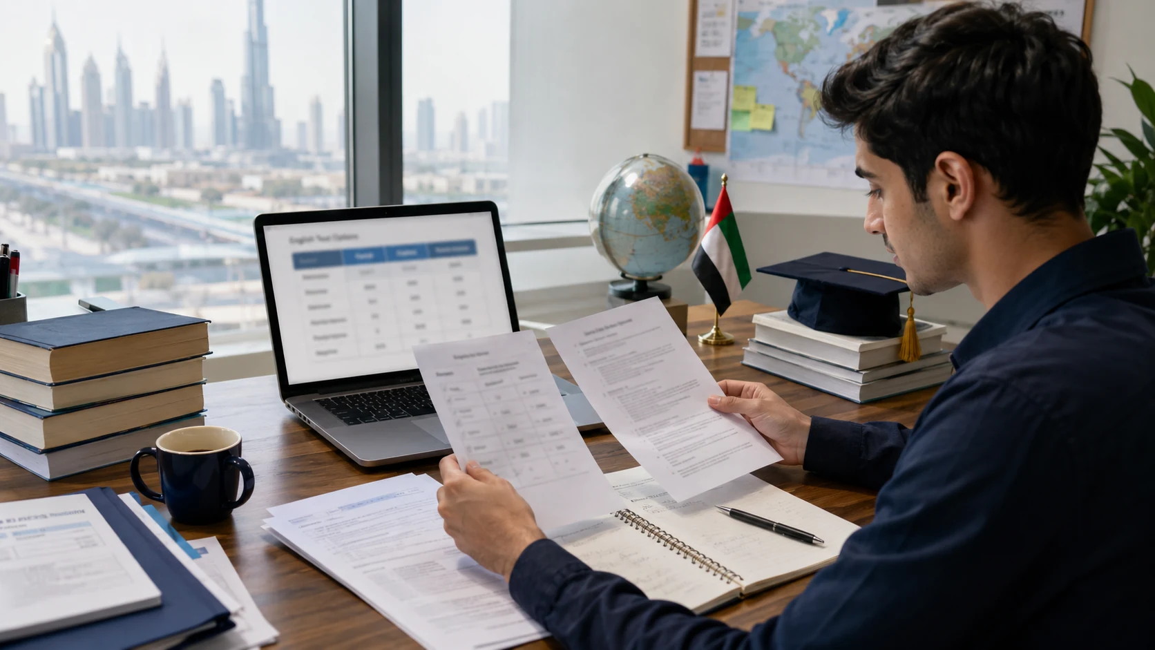 Student studies English options with a laptop and Dubai view