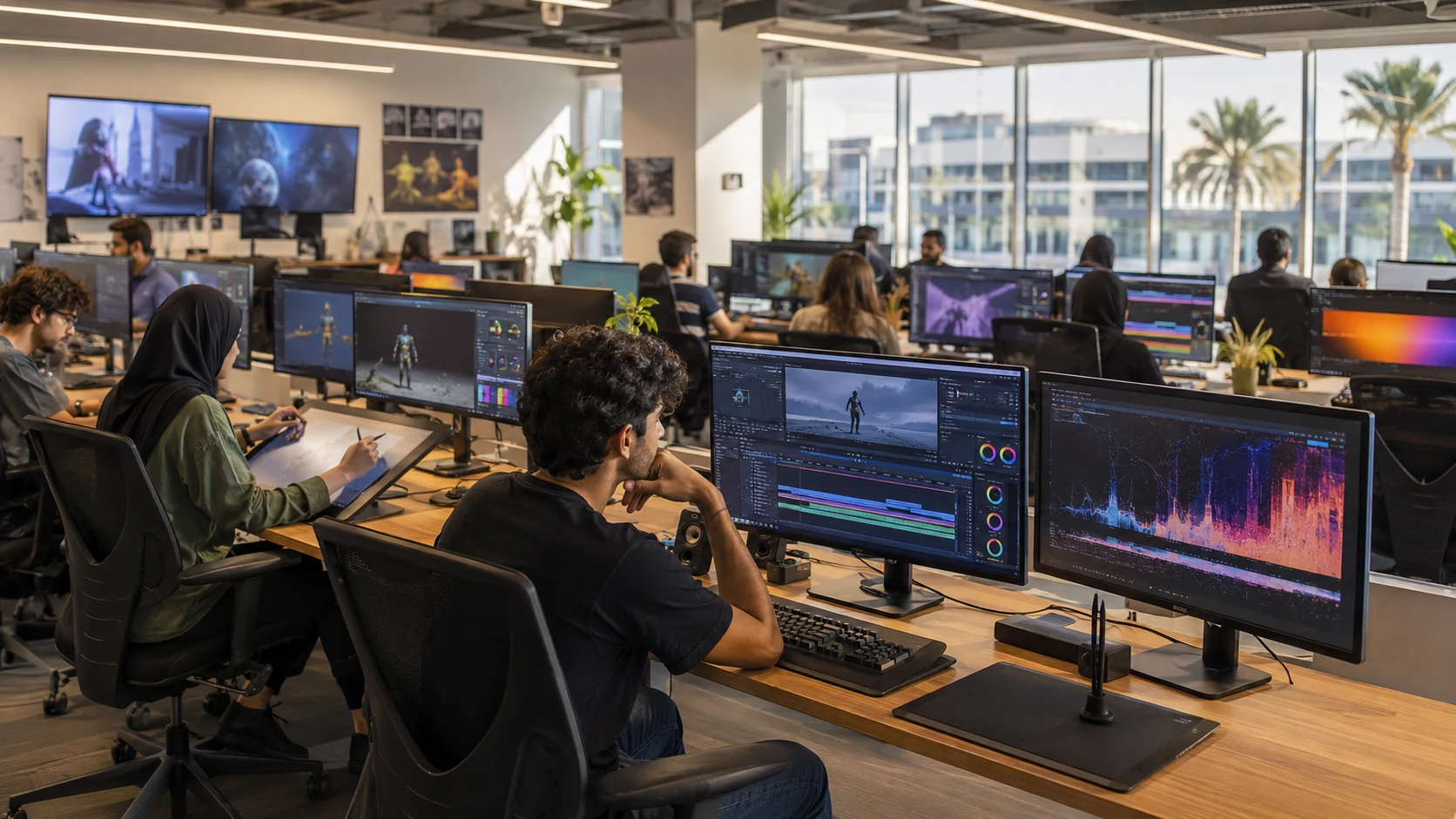 Students work with screens and creative software in a media lab