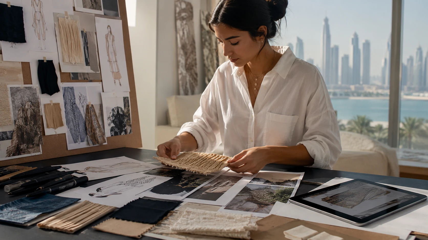 Applicant reviews a design portfolio with laptop and printed materials