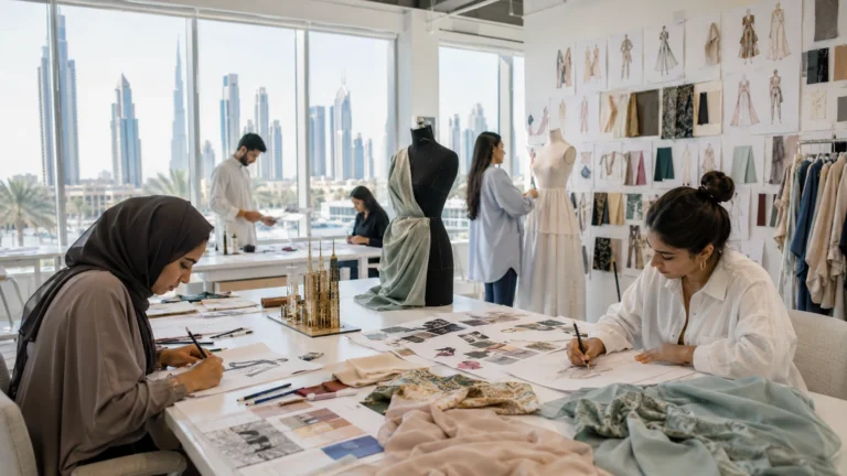 Design students work on a creative project in a Dubai studio