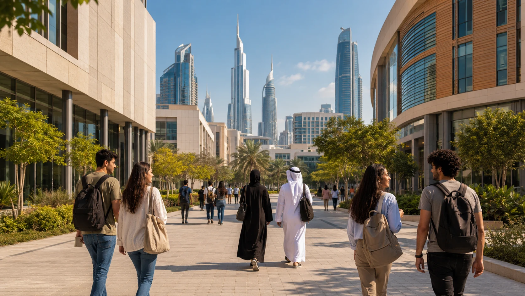 Students walk near a modern international university campus in Dubai