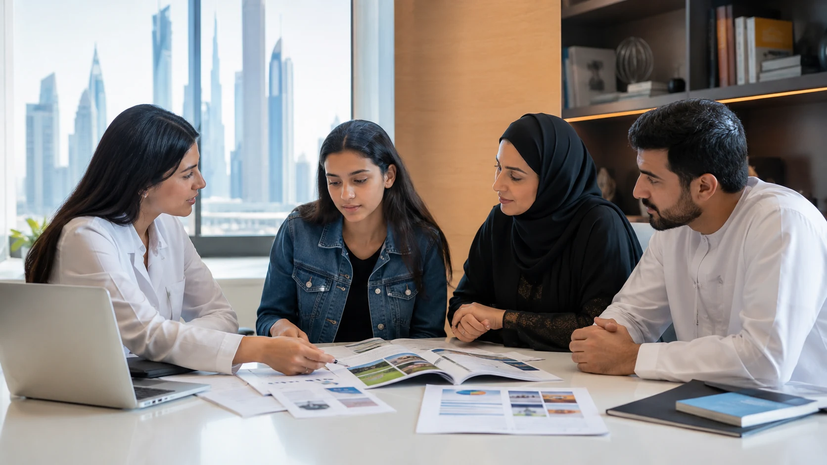 Students review university brochures with an admissions adviser